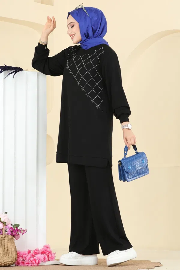 Modaselvim Kombin Nervür Detaylı Modal Takım 3196HBS856 Siyah