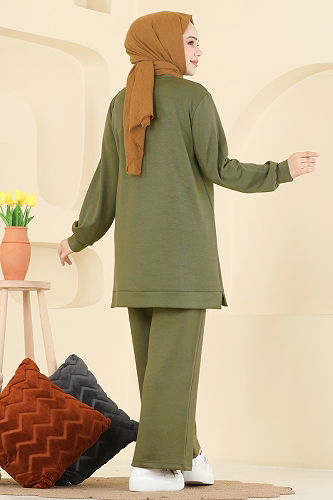 moda selvim Nervür Detaylı Modal Takım 3196HBS856 Yağ Yeşili - Thumbnail