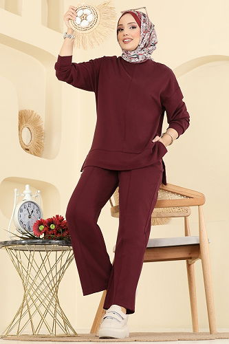 moda selvim Nervür Detaylı Modal Takım 8010UZ662 Bordo - Thumbnail