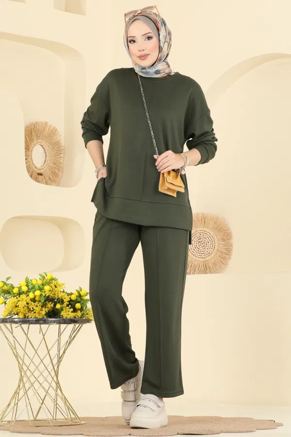 Modaselvim Kombin Nervür Detaylı Modal Takım 8010UZ662 Haki