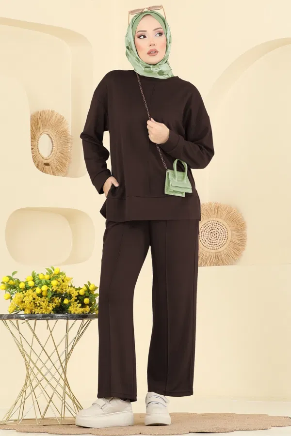 Modaselvim Kombin Nervür Detaylı Modal Takım 8010UZ662 Kahve