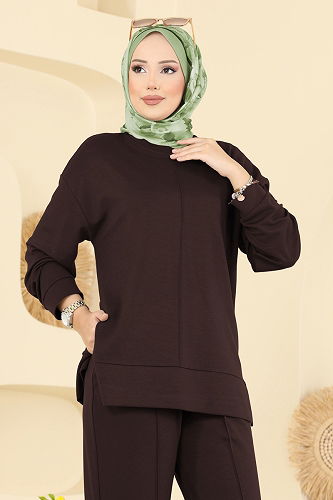 moda selvim Nervür Detaylı Modal Takım 8010UZ662 Kahve - Thumbnail