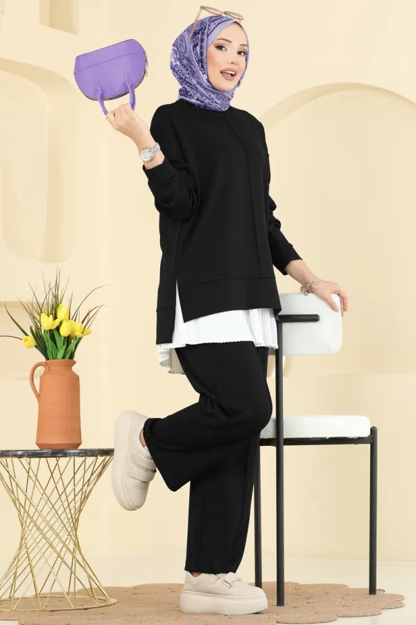 Modaselvim Kombin Nervür Detaylı Modal Takım 8010UZ662 Siyah