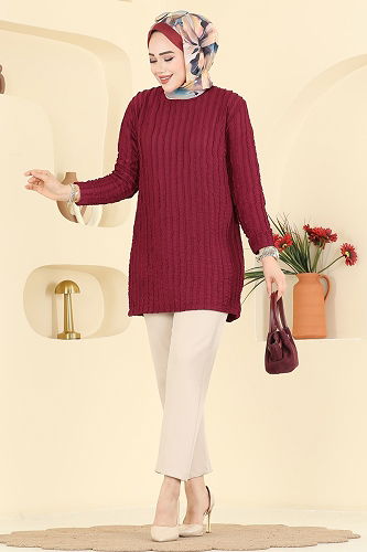 moda selvim Nervür Detaylı Örme Tunik 133OZN1046 Bordo - Thumbnail
