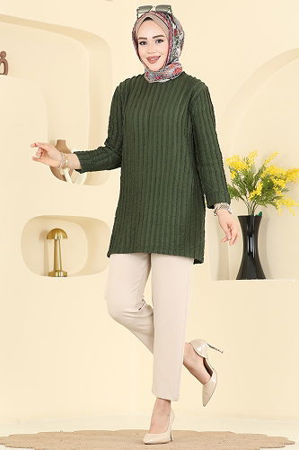 moda selvim Nervür Detaylı Örme Tunik 133OZN1046 Haki - Thumbnail
