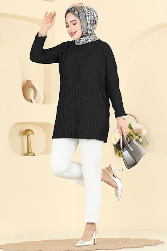 moda selvim Nervür Detaylı Örme Tunik 133OZN1046 Siyah - Thumbnail