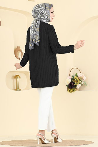 moda selvim Nervür Detaylı Örme Tunik 133OZN1046 Siyah - Thumbnail