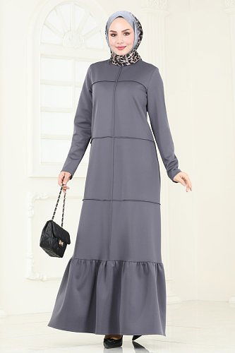 moda selvim Nervür Detaylı Scuba Elbise 5635EDF311 Antrasit - Thumbnail