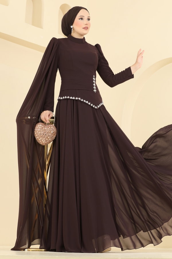 Modaselvim ABİYE Nervür Detaylı Şifon Abiye 5130SRH861 Kahve