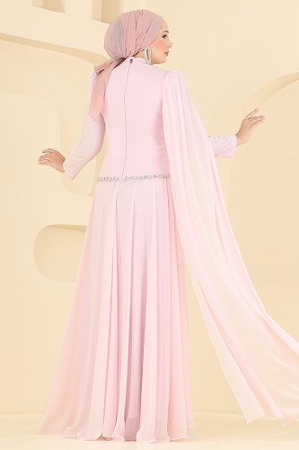 moda selvim Nervür Detaylı Şifon Abiye 5130SRH861 Pudra - Thumbnail