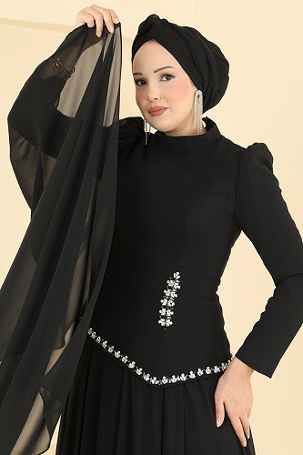 moda selvim Nervür Detaylı Şifon Abiye 5130SRH861 Siyah - Thumbnail