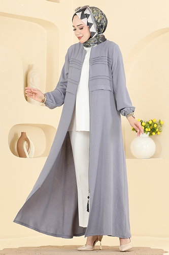 moda selvim Nervür Detaylı Şık Ferace PL9224 Gri - Thumbnail