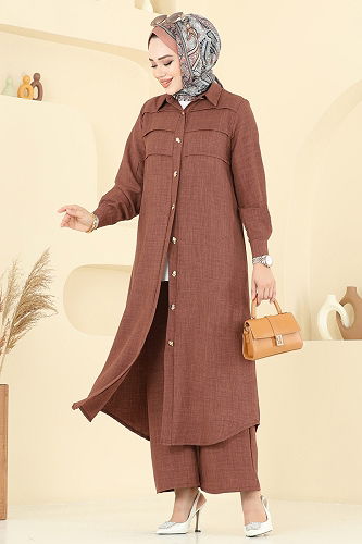 moda selvim Nervür Detaylı Sofia Takım 3158HBS856 Kahve - Thumbnail