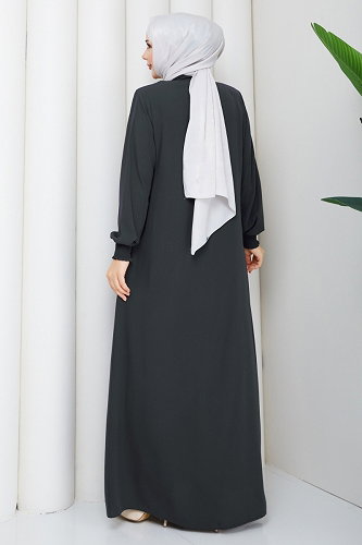 moda selvim Nervür Detaylı Taşlı Ferace 2131OZT1013 Füme - Thumbnail