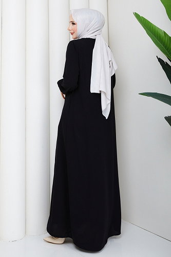 moda selvim Nervür Detaylı Taşlı Ferace 2131OZT1013 Siyah - Thumbnail
