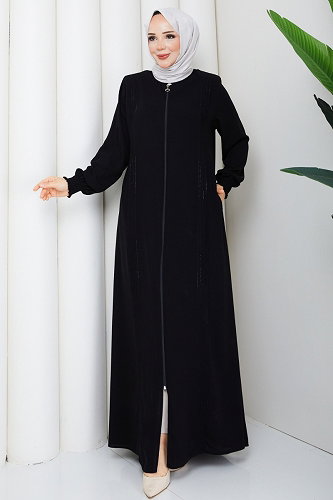 moda selvim Nervür Detaylı Taşlı Ferace 2131OZT1013 Siyah - Thumbnail
