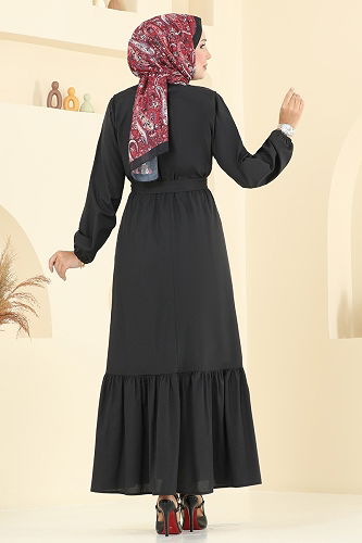 moda selvim Nervür Detaylı Terikoton Elbise 4110PM271 Siyah - Thumbnail