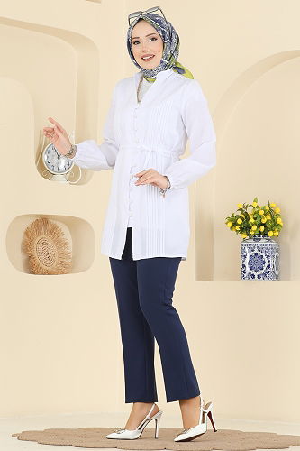 moda selvim Nervür Detaylı Terikoton Gömlek 299ASN888 Ekru - Thumbnail