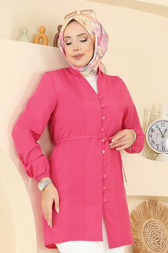 moda selvim Nervür Detaylı Terikoton Gömlek 299ASN888 Fuşya - Thumbnail