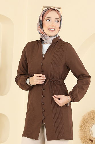 moda selvim Nervür Detaylı Terikoton Gömlek 299ASN888 Kahve - Thumbnail