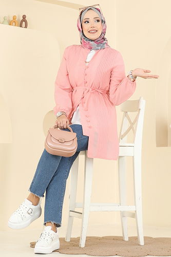 moda selvim Nervür Detaylı Terikoton Gömlek 299ASN888 Somon - Thumbnail