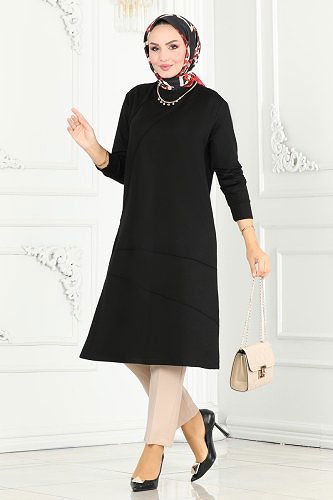 moda selvim Nervür Detaylı Tesettür Tunik 2673AYD574 Siyah - Thumbnail