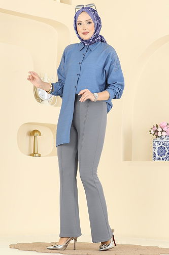 moda selvim Nervür Dikişli Krep Pantolon 1106BRZ597 Açık Gri - Thumbnail