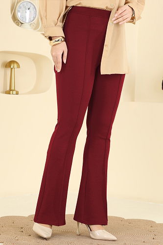 moda selvim Nervür Dikişli Krep Pantolon 1106BRZ597 Bordo - Thumbnail
