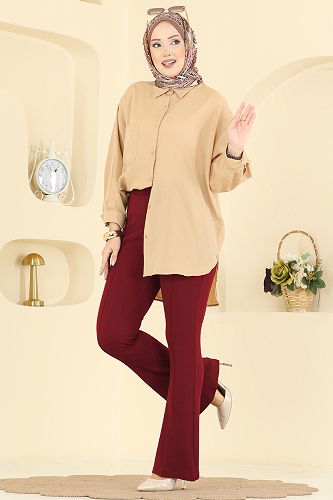 moda selvim Nervür Dikişli Krep Pantolon 1106BRZ597 Bordo - Thumbnail