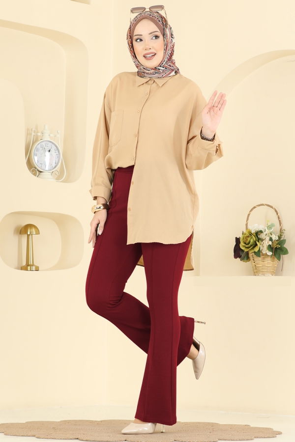 Modaselvim Pantolon Nervür Dikişli Krep Pantolon 1106BRZ597 Bordo