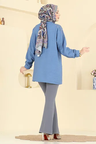 moda selvim Nervür Dikişli Krep Pantolon 1106BRZ597 Gri - Thumbnail