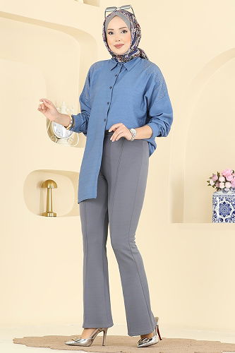 moda selvim Nervür Dikişli Krep Pantolon 1106BRZ597 Gri - Thumbnail