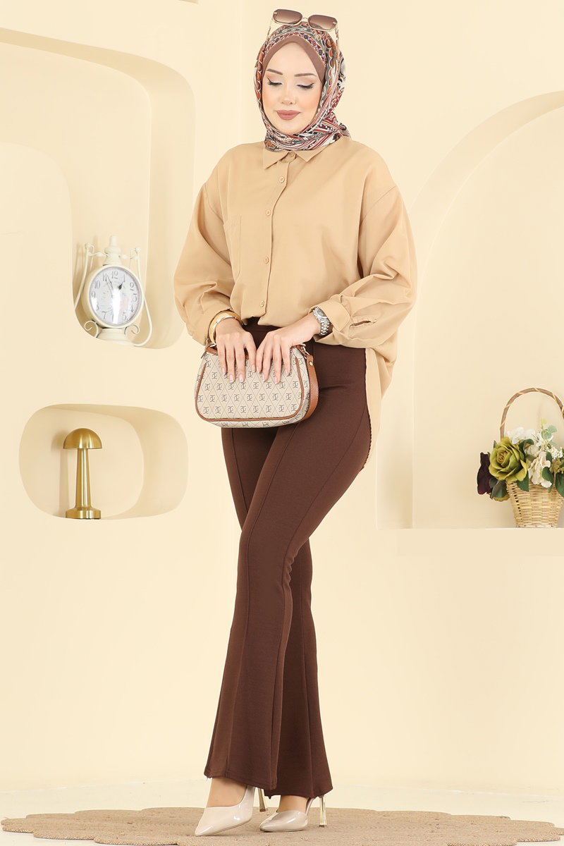 Nervür Dikişli Krep Pantolon 1106BRZ597 Kahve