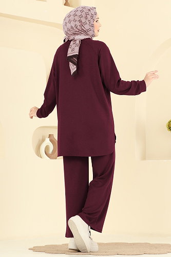 moda selvim Nervür Dikişli Modal Takım 4023HN394 Bordo - Thumbnail