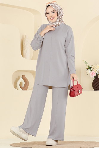 moda selvim Nervür Dikişli Modal Takım 4023HN394 Gri - Thumbnail