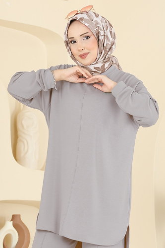 moda selvim Nervür Dikişli Modal Takım 4023HN394 Gri - Thumbnail