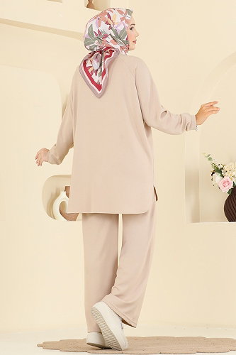 moda selvim Nervür Dikişli Modal Takım 4023HN394 Taş - Thumbnail