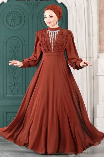moda selvim Neva Şifon Abiye 5377AB368 Taba - Thumbnail