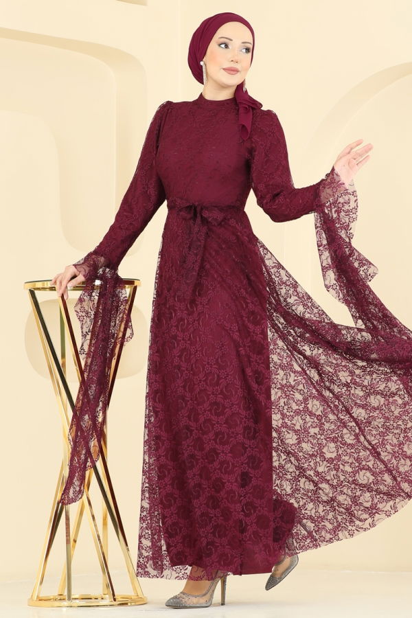 Modaselvim ABİYE Nostaljik Esintili Dantel Elbise 6294BSK463 Bordo