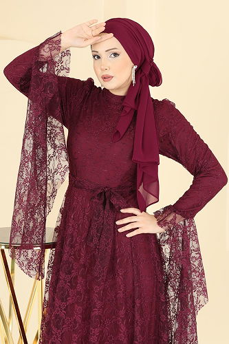 moda selvim Nostaljik Esintili Dantel Elbise 6294BSK463 Bordo - Thumbnail