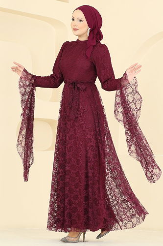 moda selvim Nostaljik Esintili Dantel Elbise 6294BSK463 Bordo - Thumbnail