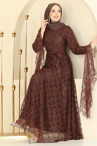 moda selvim Nostaljik Esintili Dantel Elbise 6294BSK463 Kahve - Thumbnail