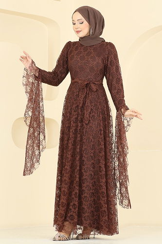 moda selvim Nostaljik Esintili Dantel Elbise 6294BSK463 Kahve - Thumbnail
