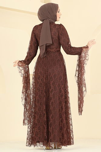 moda selvim Nostaljik Esintili Dantel Elbise 6294BSK463 Kahve - Thumbnail