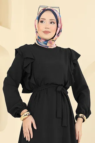 moda selvim Omuz Fırfırlı Aerobin Elbise 5009MDA386 Siyah - Thumbnail