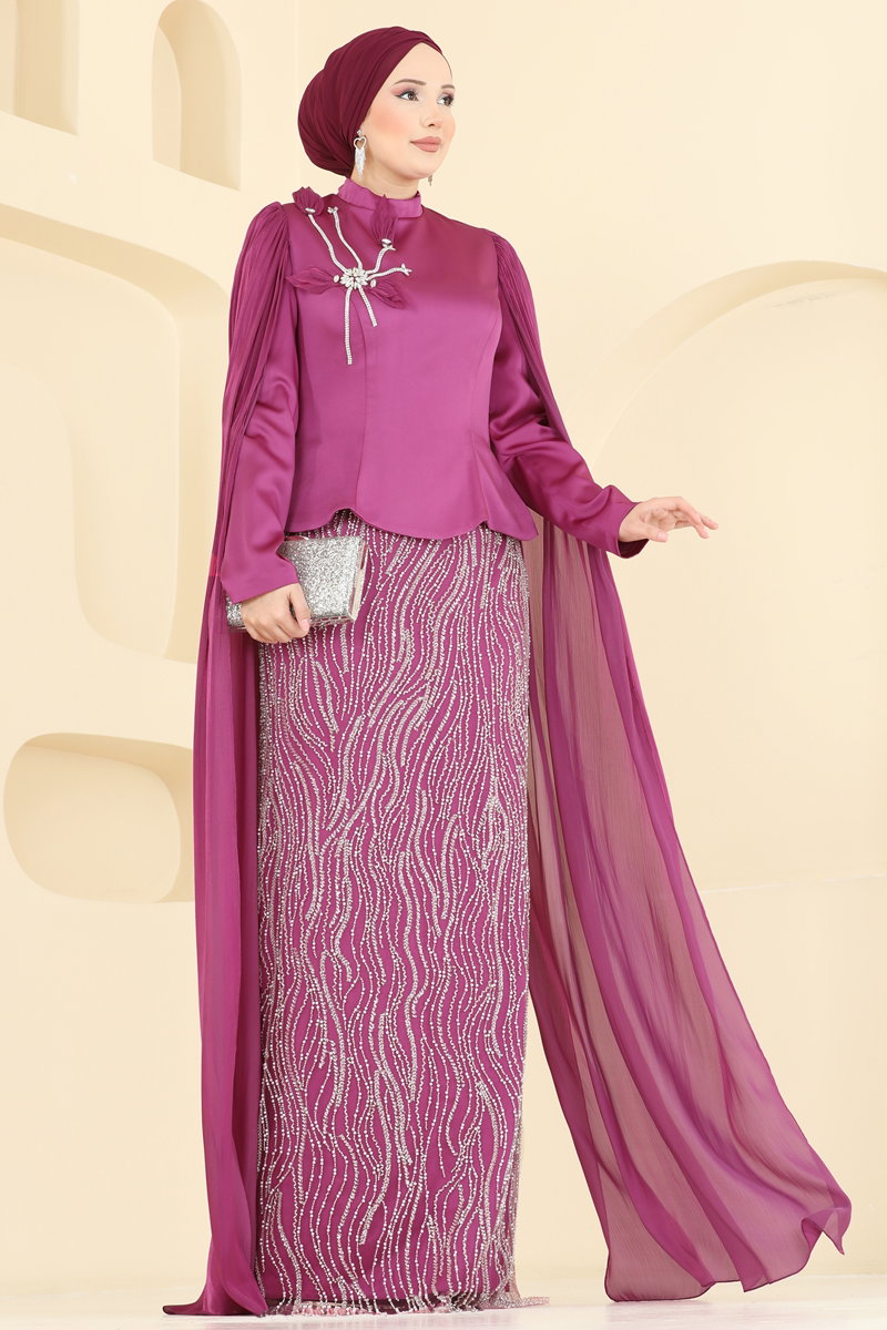 Omuz Pelerin Detaylı Abiye 5492DMNK1166 Fuşya