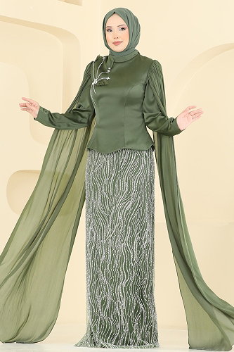 moda selvim Omuz Pelerin Detaylı Abiye 5492DMNK1166 Haki - Thumbnail