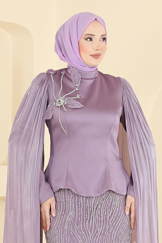 moda selvim Omuz Pelerin Detaylı Abiye 5492DMNK1166 Lila - Thumbnail