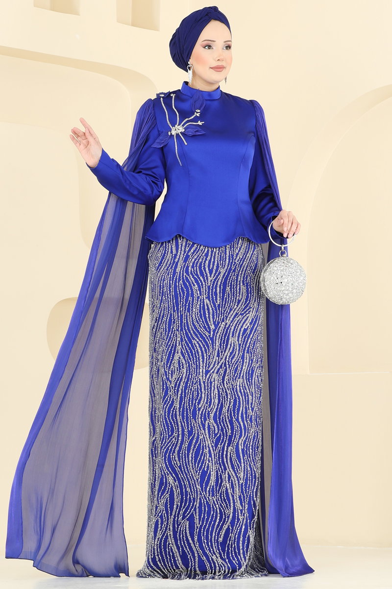 Omuz Pelerin Detaylı Abiye 5492DMNK1166 Saks