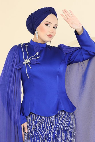 moda selvim Omuz Pelerin Detaylı Abiye 5492DMNK1166 Saks - Thumbnail
